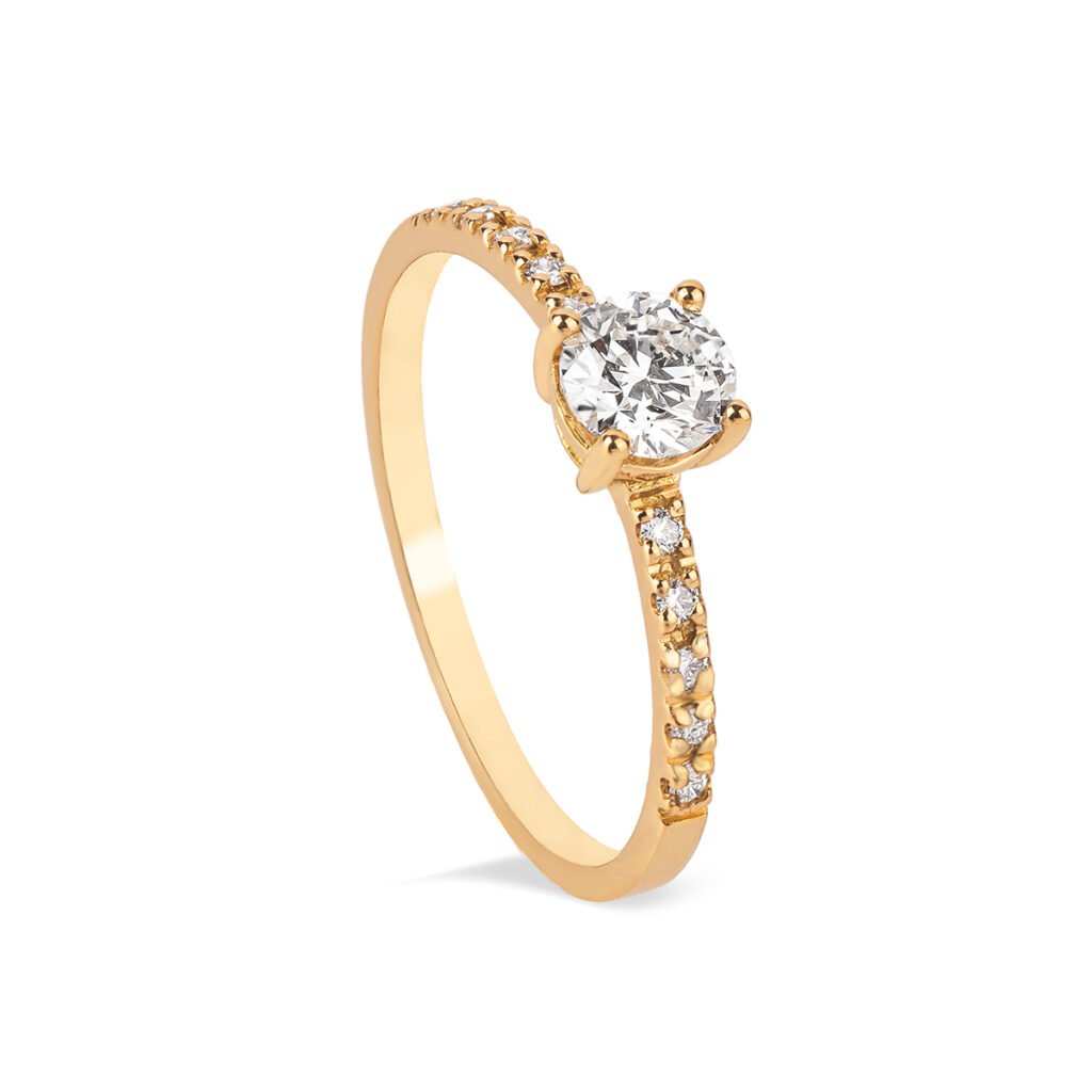 Anel de Noivado Solitário Ouro Amarelo com Diamantes