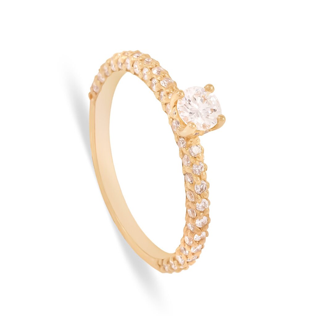 Anel de Noivado Solitário Ouro Amarelo com Diamantes